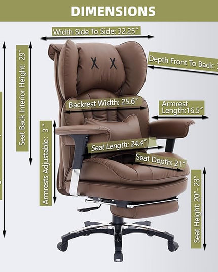 Efomao Big and Tall Office Chair with Footrest – High Back Computer Chair with Adjustable Armrests，Executive Office Chair with Wide Seat, Modern Desk Chair for Home Office, Gaming, or Study, Brown