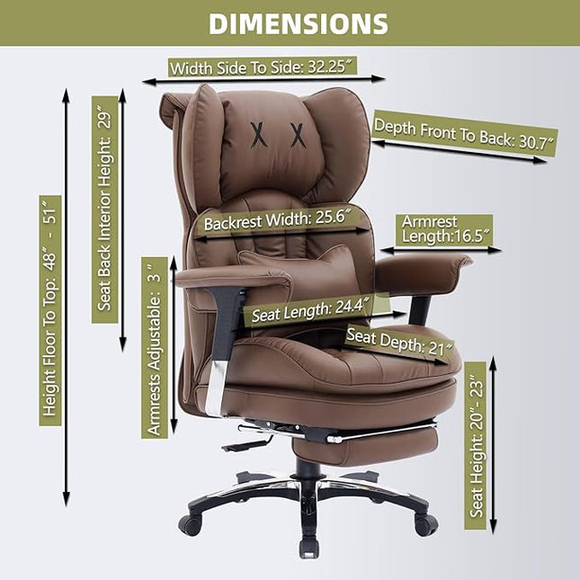 Efomao Big and Tall Office Chair with Footrest – High Back Computer Chair with Adjustable Armrests，Executive Office Chair with Wide Seat, Modern Desk Chair for Home Office, Gaming, or Study, Brown