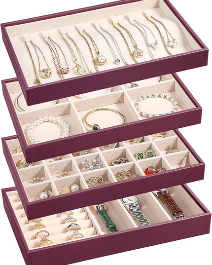 LANDICI Stackable Jewelry Organizer Trays 4 Set,PU Leather Jewelry Organizer Drawer,Jewelry Storage Display Tray for Earring Necklace Rings Bracelet with Removable Dividers,Purple