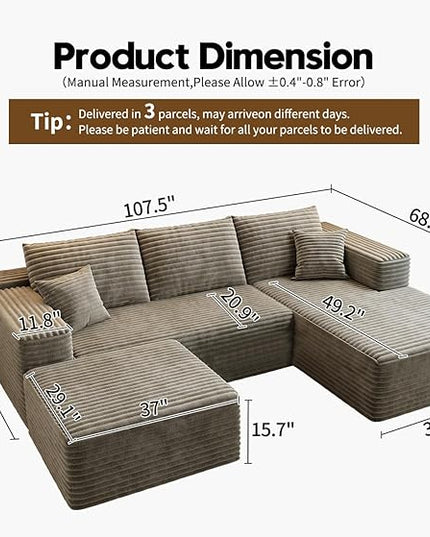 107.5"Cloud Modular Sectional Couch with 1 Ottoman,Modern Minimalist Upholstered Couches, Comfort U Shaped Sofa for Living Room,Deep Seat Corner Couch，No Assembly Required (Camel,Right Facing Chaise)