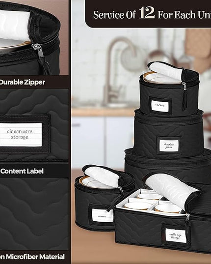 China Storage Containers 5-Piece Set Moving Boxes for Dinnerware, Glasses, Plates, Mugs and Saucers Sturdy Quilted Microfiber Dish Organizer with Dividers for Seasonal Storage - Holds Set of 12, Black