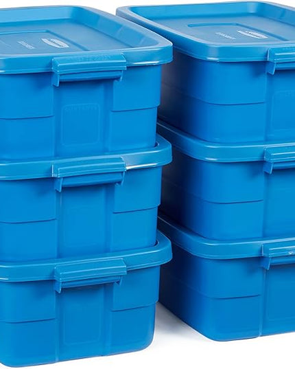 Rubbermaid Roughneck Tote 10 Gal, 6 Pack, Made in USA, Heritage Blue, Rugged Plastic Stackable Storage Bins with Lids and Handles