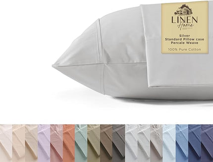 Linen Home 100% Cotton Percale Pillowcases Queen Size, Silver, 2 Pieces of Pillow Case, Crisp and Cool Strong Bed Linen, 20 inches X 30 inches