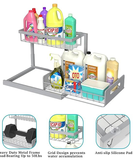 REALINN Under Sink Organizer, Pull Out Cabinet Organizer 2 Tier Slide Out Sink Shelf Cabinet Storage Shelves, Storage for Kitchen Bathroom, Grey, 2 Pack