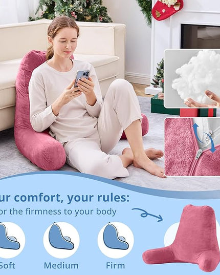 Sasttie 25-inch Reading Pillows for Sitting in Bed Adult, Jumbo Velvet Back Pillow Bed Sitting Up, XL High Back-Rest Support Cushion for Sit Up on Couch & Floor, Oeko-Tex Certified, Rose Pink