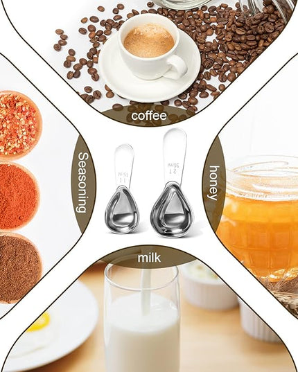 Stainless steel coffee scoop 2-piece set (1 tbsp, 2 tbsp) durable Tablespoon, ergonomic measuring spoon, Suitable for small and large jars，short-handled spoon (Silver)