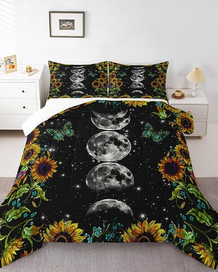 Manfei Sunflower Comforter Set, Moon Planet Starry Sky Galaxy Universe Bedding Set 3pcs for Kids Teens Adult Room Decor,Floral Trippy Quilt Set Soft Black Duvet Insert with 2 Pillowcases, Full Size