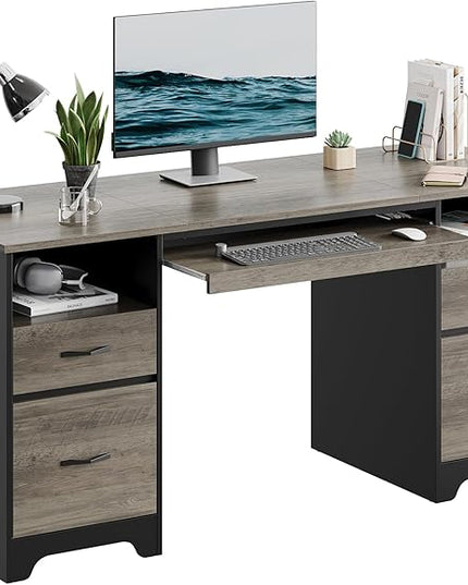 Bestier 59” Computer Desk with 4 Drawers, Office Desk with Storage, Industrial Executive Desk with File Drawer, Keyboard Tray & 2 Pedestals on Both Sides for Home Office & Studio, Grey