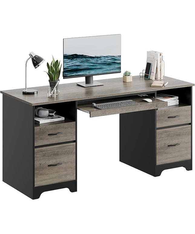 Bestier 59” Computer Desk with 4 Drawers, Office Desk with Storage, Industrial Executive Desk with File Drawer, Keyboard Tray & 2 Pedestals on Both Sides for Home Office & Studio, Grey