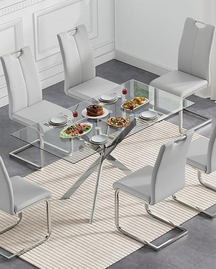 7 Piece Glass Dining Table Set, Glass Kitchen Dining Room Table Set for 6, Modern 51" Rectangular Silver Glass Metal Dining Table with 6 Grey Leather Dining Chairs for Kitchen Dining Room