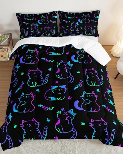 3D Neon Cat Kids Comforter Set,Gradient Line Cat Toddler Comforters Full Size for Teens Kids Boys Girls Room Decoration,Black Kawaii Bedding Sets with 2 Pillowcases.