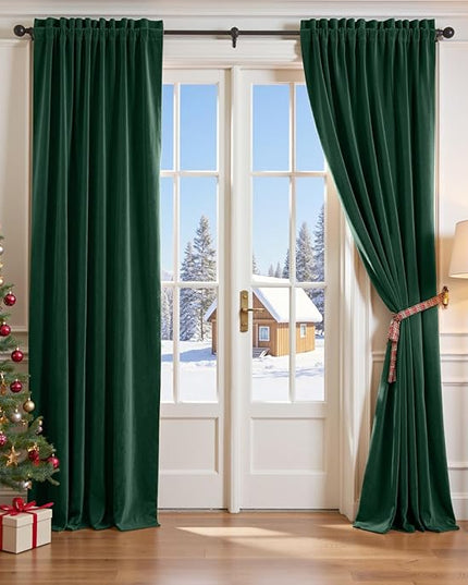 Lazzzy Velvet Blackout Curtains Thermal Insulated Room Window Drapes Super Soft Luxury Curtains for Living Room Bedroom Rod Pocket 2 Panels, Emerald Green, 52" W x 90" L