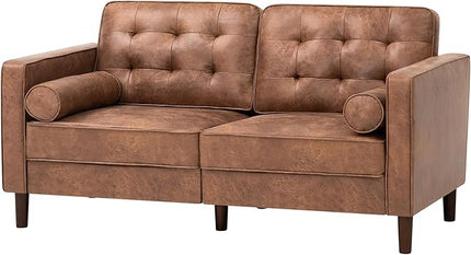 67" Suede Leather 2-seat Sofa with Two Bolster Pillows, Tufted Loveseat with Wooden Legs, Morden Sofa Suitable for Living Room, Office, Brown