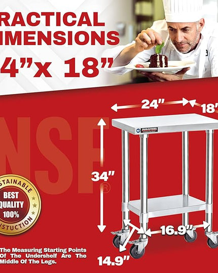 DuraSteel 24x18 NSF Stainless Steel Cart - Heavy Duty Rolling Food Prep Table with Undershelf - Metal Utility Cart for Commercial Restaurant Kitchen, Laundry, Side Mixer Stand