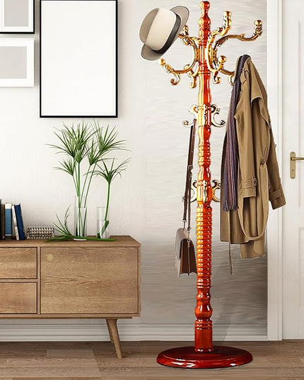 Coat Racks Free Standing with 14 Hooks, Natural Wood Coat Stands for Entryway, Adjustable Height 73 in Tree Coat Rack Stand for Hallway Home Office Bedroom (Begonia)