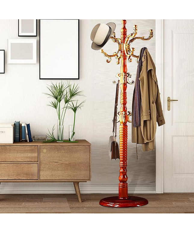 Coat Racks Free Standing with 14 Hooks, Natural Wood Coat Stands for Entryway, Adjustable Height 73 in Tree Coat Rack Stand for Hallway Home Office Bedroom (Begonia)