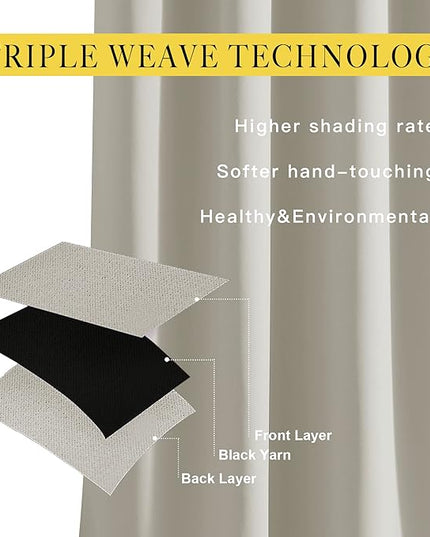 NICETOWN Room Darkening Bedroom Curtains 63 inches Long, Window Treatment Thermal Insulated Solid Grommet Voice Reducing Drapes for Kids Room, Natural, Set of 2, W46 x L63