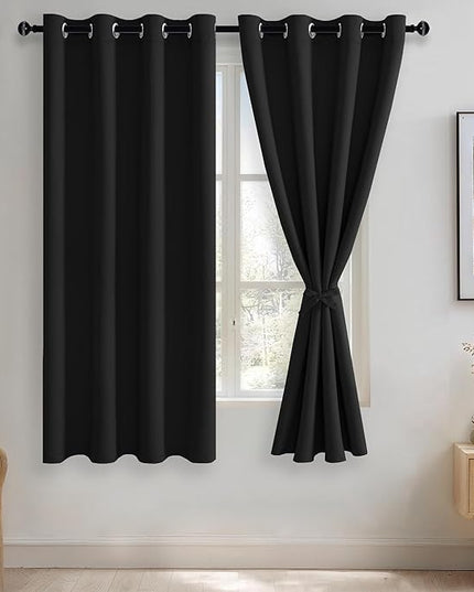 JIUZHEN Blackout Curtains with Tiebacks - Thermal Insulated, Light Blocking and Noise Reducing Grommet Curtain Drapes for Bedroom and Living Room, Set of 2 Panels, Black, 52 x 63 Inch Length