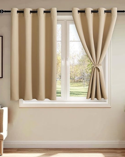 JIUZHEN Beige Blackout Curtains with Tiebacks - Thermal Insulated, Light Blocking and Noise Reducing Grommet Curtains for Bedroom and Living Room, Set of 2 Window Curtain Panels, 52 x 54 Inch Length