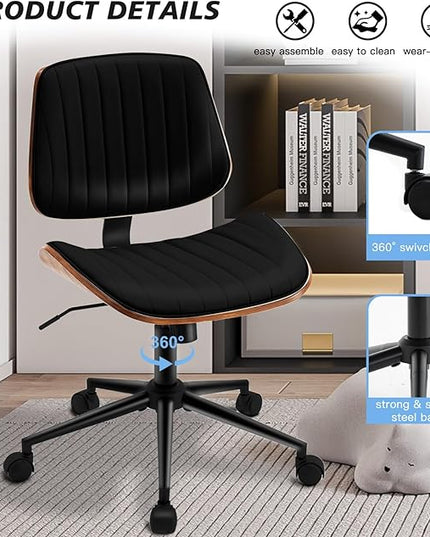 Armless Desk Chair with 360°Swivel Wheels, Ergonomic Adjustable Height Computer Chair for Home Office,PU Leather with Modern Walnut Drafting Chairs for Office, Reading Nook(Black)