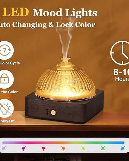 Glass Essential Oil Diffuser with Glass Reservoir & WoodBase, 200ml Ultrasonic Lock Color Timer Auto-Off 7 Color Light Aroma Glass Dome Diffuser for Home Office Bedroom Yoga - Dark Brown