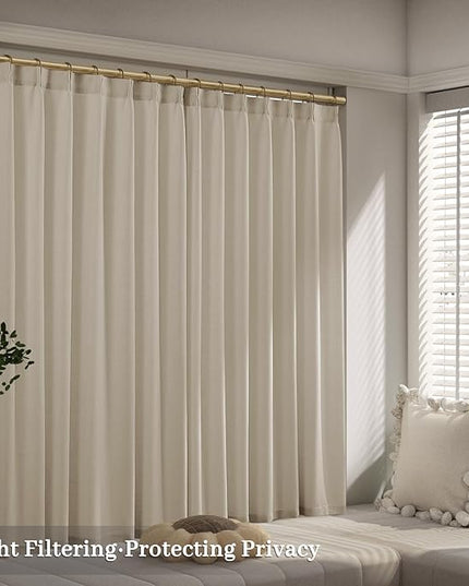 Memory Trained Shaped Linen Beige Curtains 54 Inches Pinch Pleated Short Curtain for Kitchen,Light Filtering Privacy Small Window Drapes with Back Tab and Hooks for Bay 40" x 54" - 2 Panels Set
