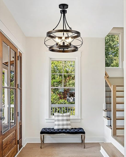5-Light Farmhouse Chandelier, 17.72" Rustic Drum Dining Room Light Fixture, Bronze Chandeliers Hanging Pendant Lighting, Industrial Candle Chandeliers for Living Room Kitchen Entryway Bedroom