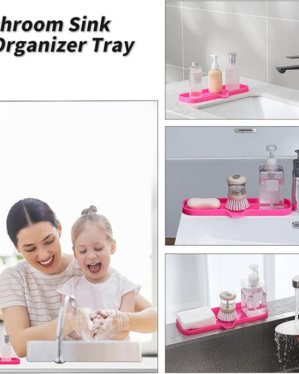 Silicone Bathroom Soap Dishes with Drain Spout-Bathroom and Kitchen Sink Organizer,Sponge Holder,Dish Soap Tray,Perfect for Dispenser,Scrubber,Bottle,Cup on Sink or Counter-Rose 12"×4"