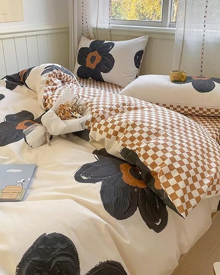 Houseri Black Sunflower Comforter Set King Beige White 3D Floral Bedding King Size Comforters Sets for Women Girls Elegant Beige and Brown Plaid Comforter King Vintage Grand Flowers Bed Quilts King