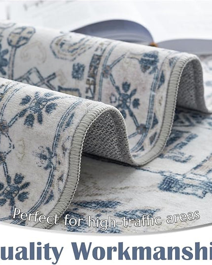 jinchan Lima Runner Rug 2x6 Washable Hallway Runner - Vintage Floral Non Slip Low-Pile Soft Ultra-Thin Kitchen Rug Distressed Carpet for Farmhouse Bedroom Entryway Laundry Room (2x6ft, Blue)