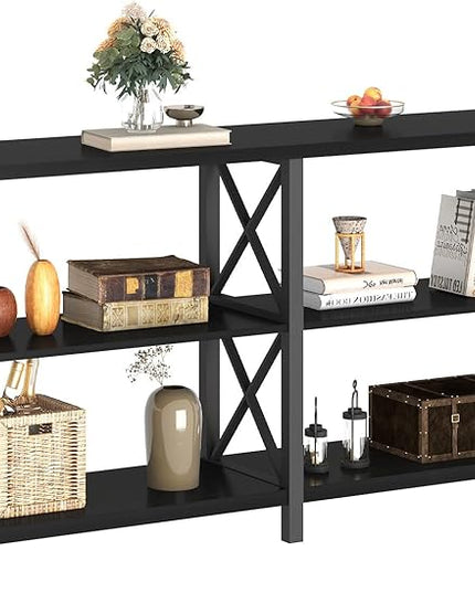 LVB Black Console Table, Modern Entryway Table with 3 Tier Storage Shelves, Industrial Sofa Table Behind Couch for Living Room, Farmhouse Wood Metal Entry Table for Hallway Foyer, Black Oak, 55 Inch