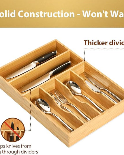Umilife Kitchen Drawer Organizer, 12 Inch Silverware Utensil Tray Holder, Extra Deep, with Non-Slip Feet & Grooved Drawer Divider, 6 Slots Total Bamboo Wood Caddy for Flatware Cutlery Knives