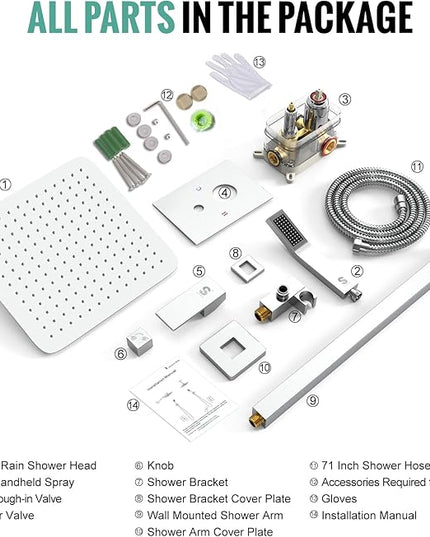 SR SUN RISE SRSH-D1203 12 Inches Bathroom Luxury Rain Mixer Shower Combo Set Wall Mounted Rainfall Shower Head System Polished Chrome Shower Faucet Rough-in Valve Body and Trim Included