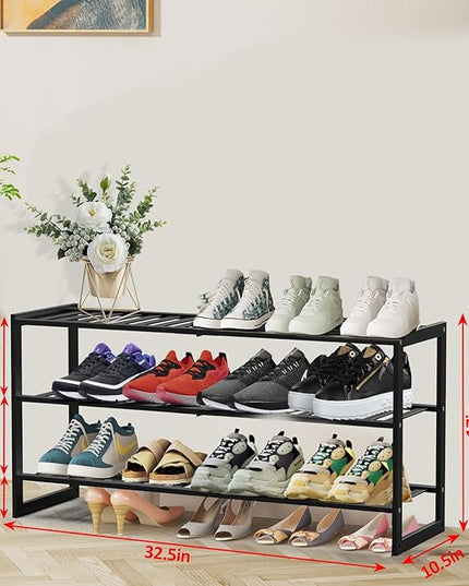 Bamboo Shoe Rack for Closet, Stackable 3 Tier Longer Shoe Organizer Shelf Holder Storage 12-15 Pairs for Entryway Door Hallway Bedroom Garage Space Saving Foldable Black