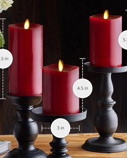 Luminara Flameless Flickering Melted Edge Set of 3 Candles, Battery Operated & Timer Function, Remote Included, Unscented Paraffin Burgundy Wax LED Light Pillar, Christmas Holiday Décor