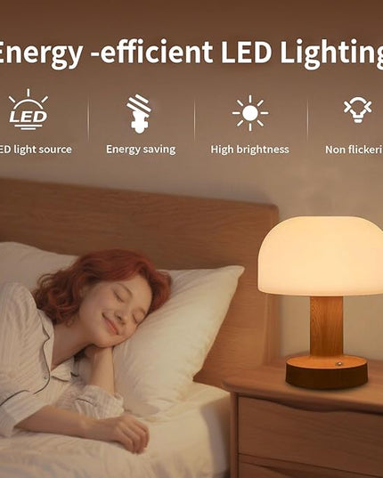 Mushroom Operated Table Lamp 3000mAh Cordless Rechargeable, Touch Dimmable Desk Lamp, LED Night Light for Patio Camping Restaurant Home, H7.3in, Wood Grain