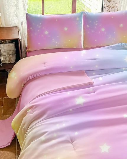 Rainbow Bedding Set Full Size – 5 Piece Reversible Girls Comforter with Deep-Pocket Sheet, Gradient Galaxy Design, Whole-Piece Filling, Machine Washable Bed-in-a-Bag for Kids Room Makeover & Gifts