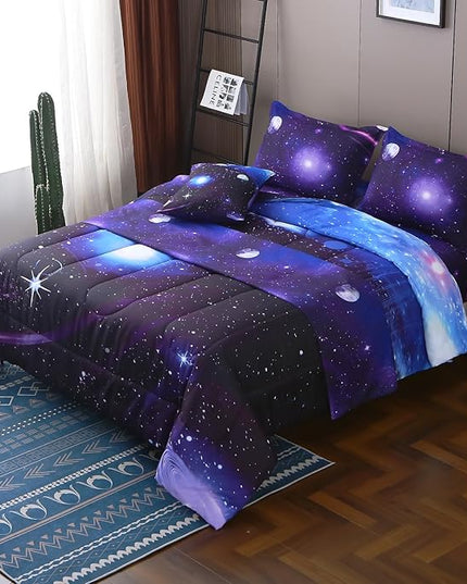 JQinHome Twin Galaxy Comforter Sets 6 Piece Bed in A Bag, Outer Space Themed Bedding for Children Boy Girl Teen Kids,1 Comforter, 1 Flat Sheet, 1 Fitted Sheet, 2 Pillowshams, 1 Cushion Cover(Purple)