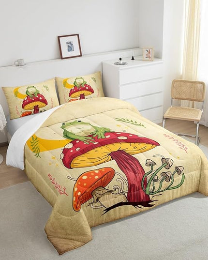 Manfei Mushroom Kids Comforter Set Twin Size,Frog Plants Botanical Colorful Bedding Set,Girls Boys Adults Bedroom Decor,Sun Moon Starry Sky Down Comforter,Brown Rustic Retro Duvet Insert,1 Pillowcase