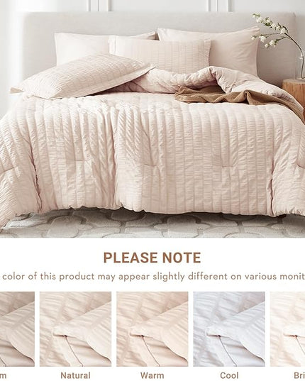 MUXHOMO 5 Pieces Twin Comforter Set, Seersucker Bed in a Bag Twin Size, All Season Luxury Bedding Set with Comforter, Flat Sheet, Fitted Sheet, Pillowcase & Sham, Beige