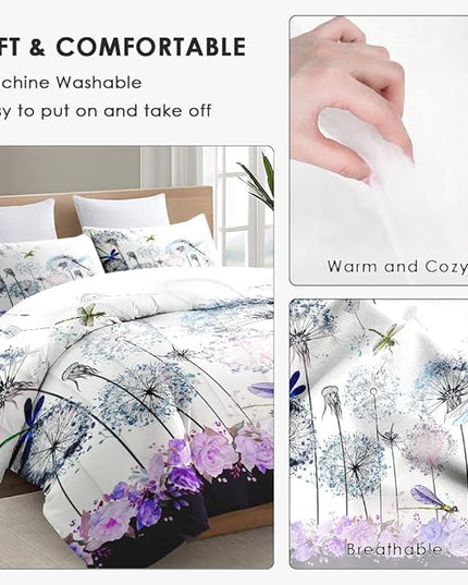 Queen Size Comforter Set with 2 Pillowcases, Vintage Summer Botanical 3 Pcs Bedding for Kids and Adults, Spring Dragonfly Purple Flower Soft Comforter Set for Bedroom Bed Decor
