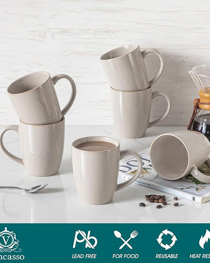 vancasso PLAYA Ceramic Coffee Mug Set of 6, 16 Oz Tea Cups with Handle for Latte, Tea, Cappuccino, Milk, Cocoa, Microwave&Dishwasher Safe, White