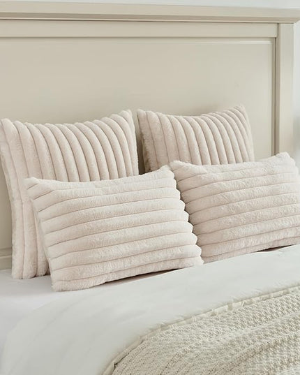FUTEI Light Beige Throw Pillow Covers Set of 2, 26x26 Inch Striped Texture Euro Pillow Shams with Soft Faux Rabbit Fur Front & Velvet Back, Modern Decorative Couch Pillows for Living Room