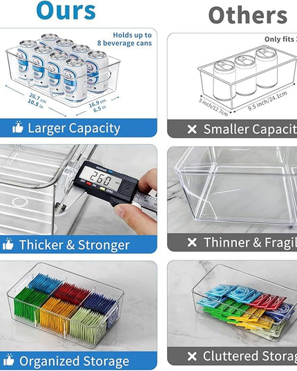 6 Pack Pantry Organizers and Storage,Clear Plastic Containers with 2 Dividers for Kitchen,Fridge Organization and Storage,Acrylic Bins for Pounches,Spice Packet,Snack organzier