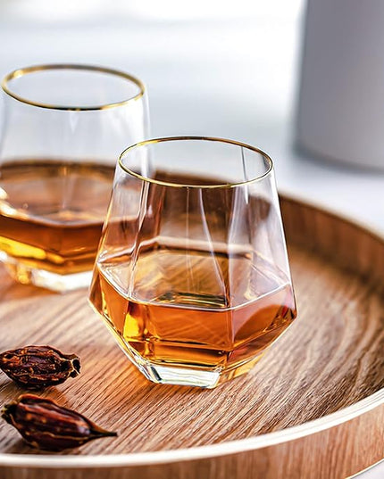 Diamond Wine Glass Set of 2, Modern Stemless Golden Edge Glass Cups Drinking Glassware for Serving Party,Home,Bar, Restaurants Transparent