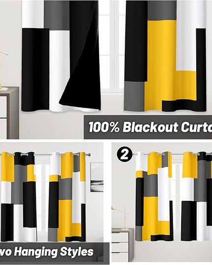 Yellow 100% Blackout Curtains 45 inch Length 2 Panels Set Black White Grey Modern Abstract Geometric Drapes for Kitchen Black Out Curtains Insulated Room Darkening Small Window Curtains, 42Wx45L