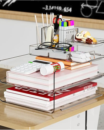 YKLSLH Paper Organizer Letter Tray - Acrylic Stackable Desk File Organizer with 5-Gird Tray and Pencil Holder, Clear Paper Sorter Office Organizer for Letter/A4, Office File Ipad Books Notes Etc