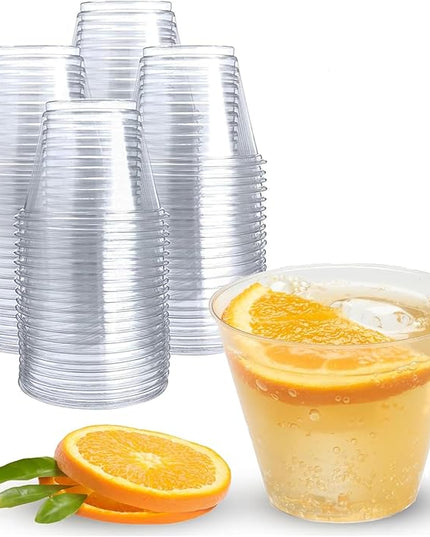 Prestee 50 Pack Plastic Cups - 9 oz Clear Disposable Cups for Cold Beverages, Cocktails, and Desserts - Durable Little Small Cup for Wine, Smoothies, Parties, Events, Catering, and Everyday Gatherings