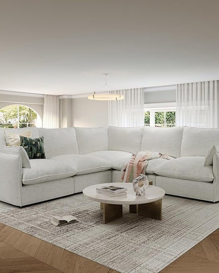 Cloud Modular Sectional Sofa, Waterproof Down Filled Sectional Sofas, High Backrest V Shaped 5 Seater Sectional Couches for Living Room, Modern Modular Couch with Removable Cover, Cream White