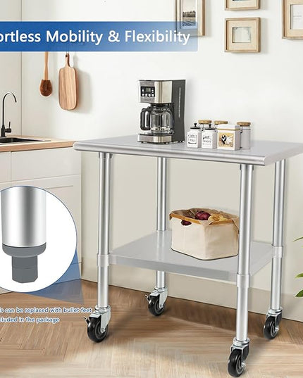 HARDURA Stainless Steel Table with Wheels 24 x 36 Inches Casters NSF Heavy Duty Commercial Work & Prep Table with Undershelf and Galvanized Legs for Restaurant Kitchen Bar and Hotel Garage